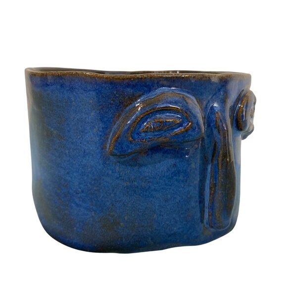 Signed Blue Face Design Pottery Planter Pot - Picture 1 of 9